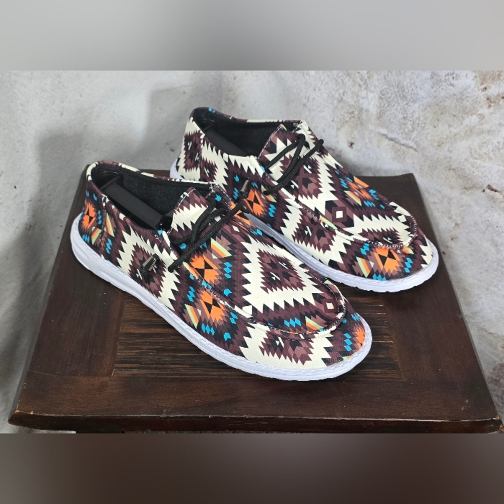 NEW Brown Orange White Turquoise Slip-On Loafer with Aztec Pattern Sz 9.5 or 41